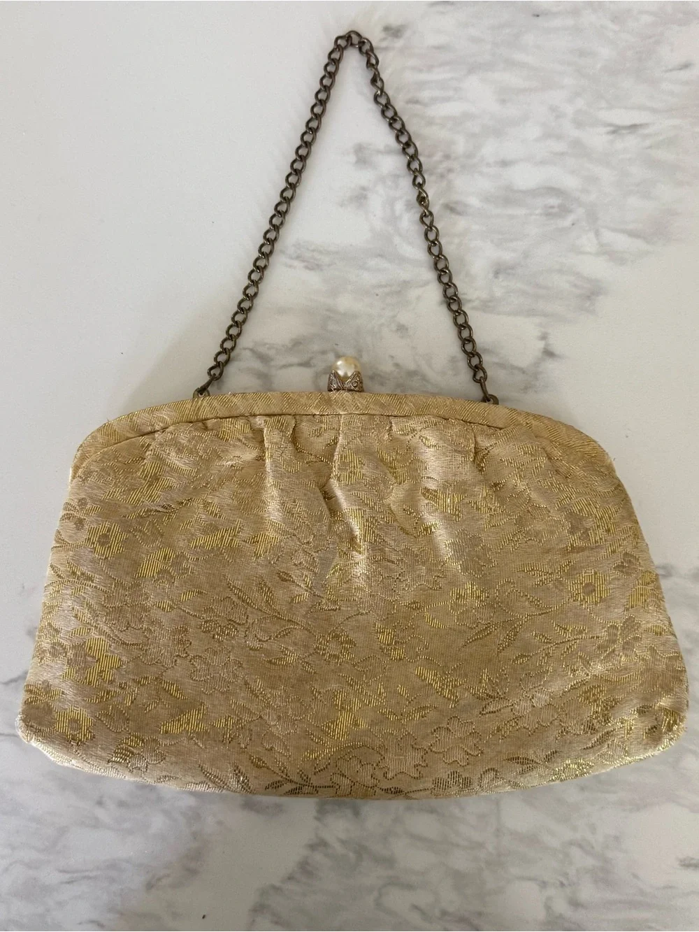 Gold Jacquard Pearl-Clasp Evening Clutch